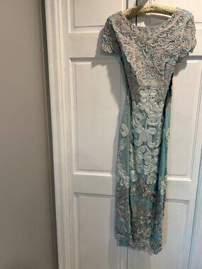 JS COLLECTIONS SOUTACHE LACE MIDI blues/taupeDRESS sz 4